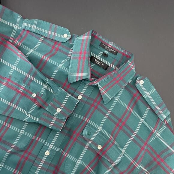 Christian Dior Shirt Mens Large Green Plaid Military Epaulette Safari Utility